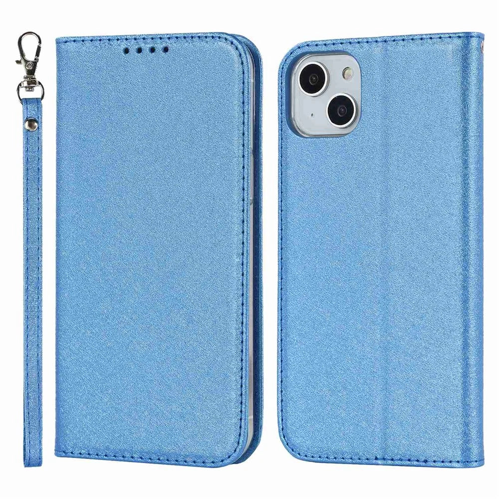 For iPhone 14 6.1 inch PU Leather Silk Texture Anti-wear Phone Case Stand Anti-shock Wallet Shell with Wrist Strap - Blue - 1