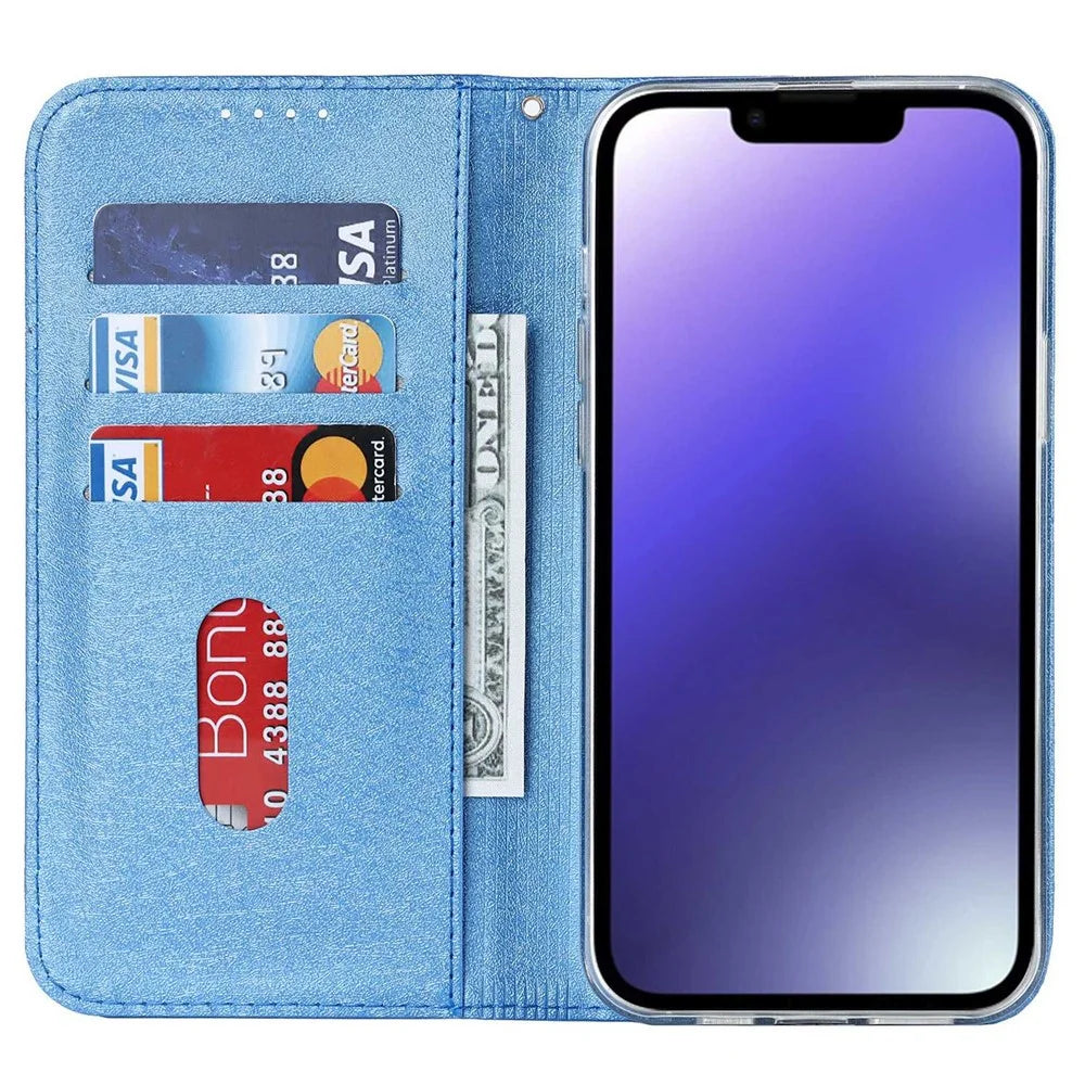 For iPhone 14 6.1 inch PU Leather Silk Texture Anti-wear Phone Case Stand Anti-shock Wallet Shell with Wrist Strap - Blue - 2