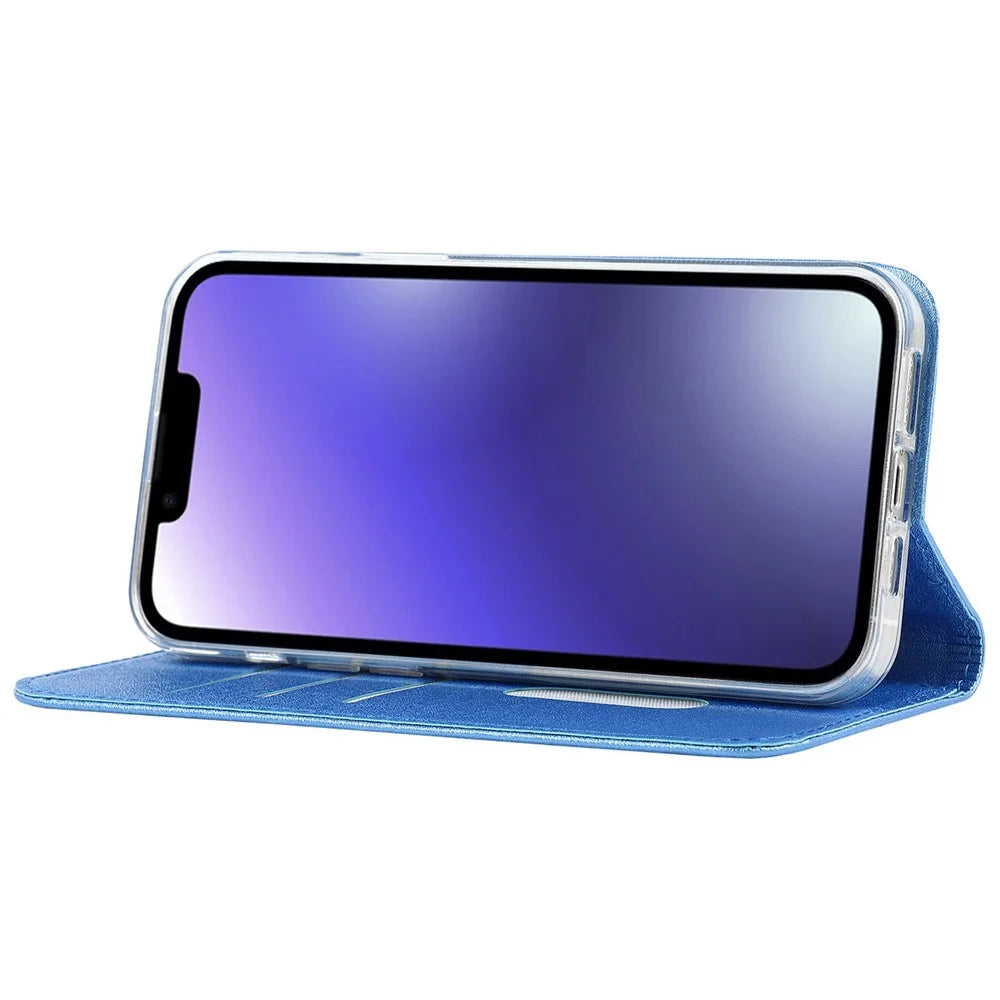 For iPhone 14 6.1 inch PU Leather Silk Texture Anti-wear Phone Case Stand Anti-shock Wallet Shell with Wrist Strap - Blue - 3