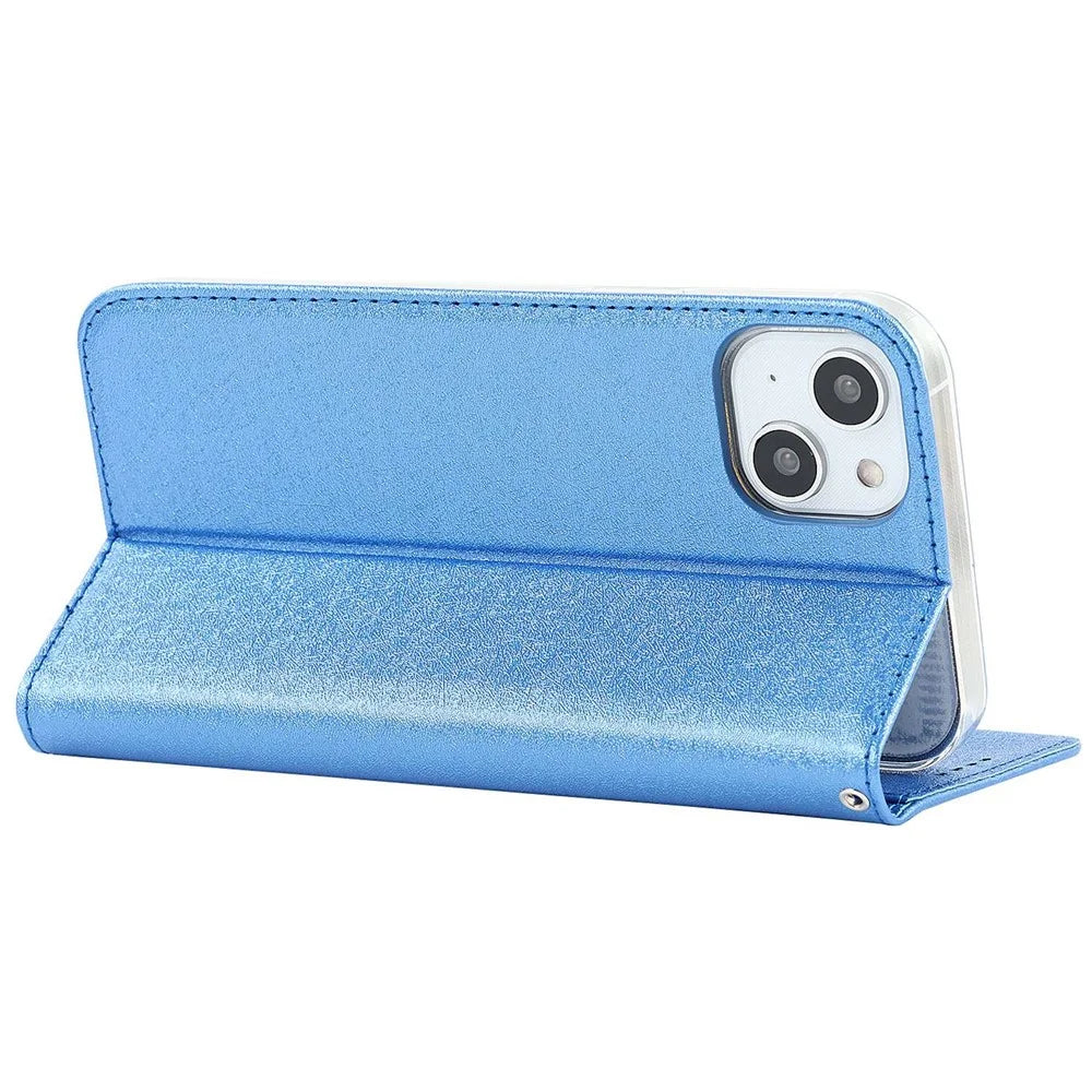 For iPhone 14 6.1 inch PU Leather Silk Texture Anti-wear Phone Case Stand Anti-shock Wallet Shell with Wrist Strap - Blue - 4