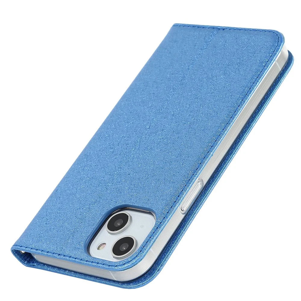 For iPhone 14 6.1 inch PU Leather Silk Texture Anti-wear Phone Case Stand Anti-shock Wallet Shell with Wrist Strap - Blue - 5