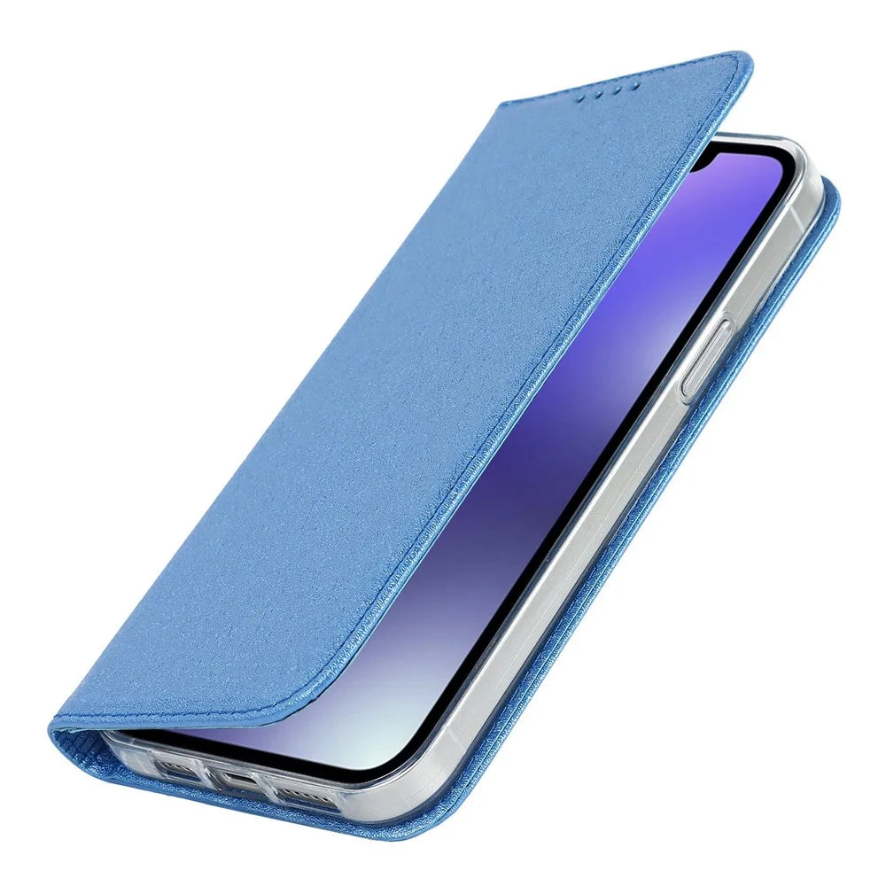 For iPhone 14 6.1 inch PU Leather Silk Texture Anti-wear Phone Case Stand Anti-shock Wallet Shell with Wrist Strap - Blue - 6