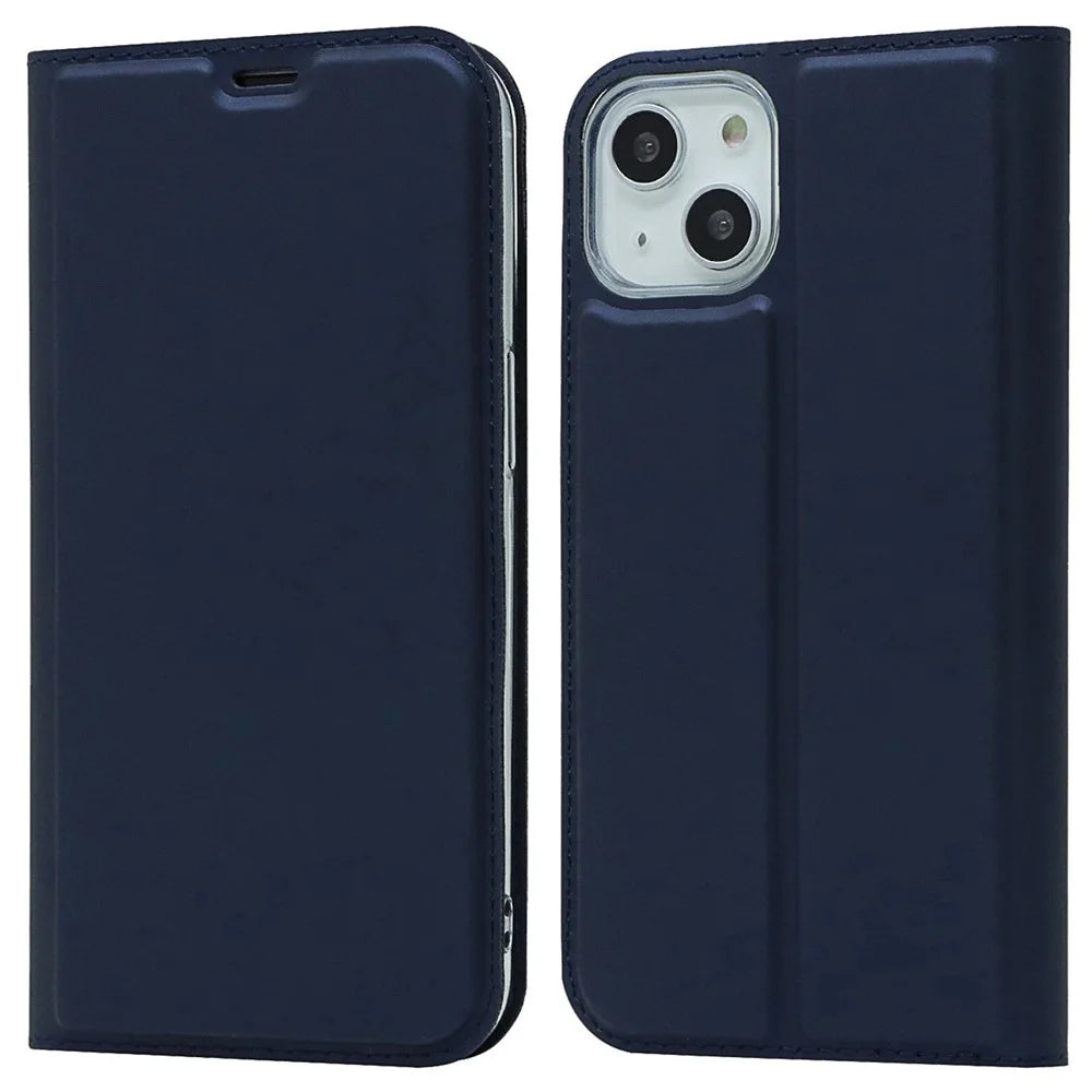 For iPhone 14 Plus Anti-wear Flip PU Leather Card Holder Case Stand Design Magnetic Adsorption Phone Cover - Blue - 1