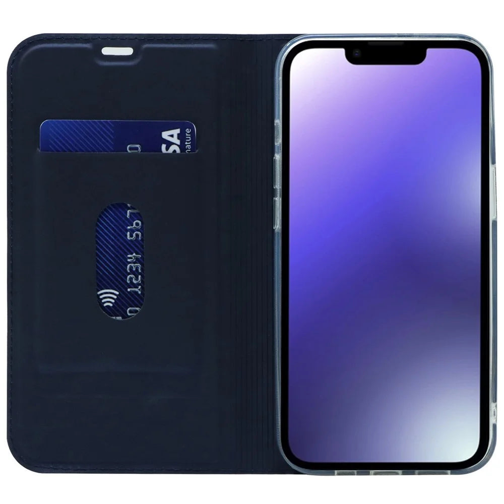 For iPhone 14 Plus Anti-wear Flip PU Leather Card Holder Case Stand Design Magnetic Adsorption Phone Cover - Blue - 2