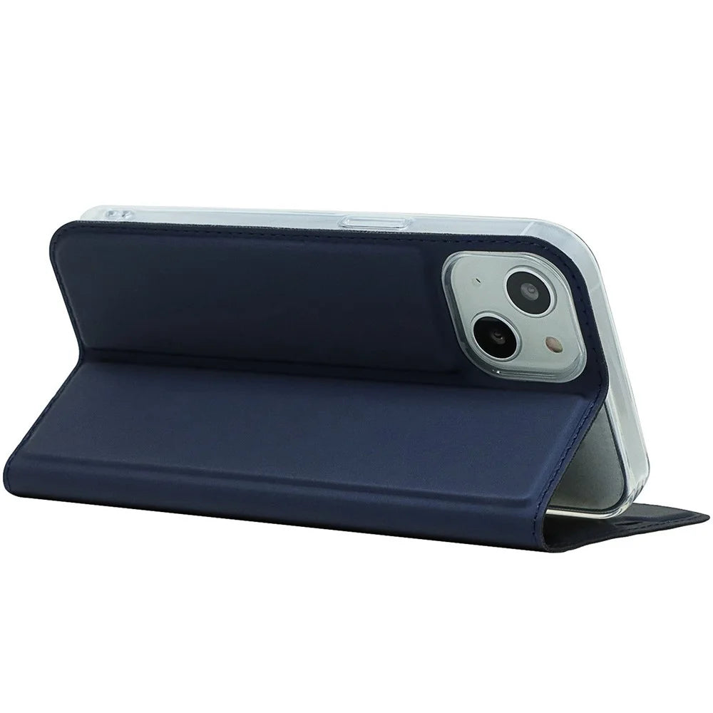 For iPhone 14 Plus Anti-wear Flip PU Leather Card Holder Case Stand Design Magnetic Adsorption Phone Cover - Blue - 3
