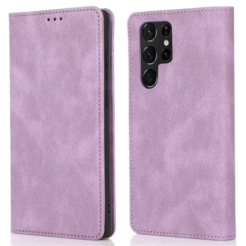 For Samsung Galaxy S22 Ultra 5G Anti-Fall Phone Case PU Leather Phone Shell Magnetic Closure Stand Cover with Wallet - Purple - 1
