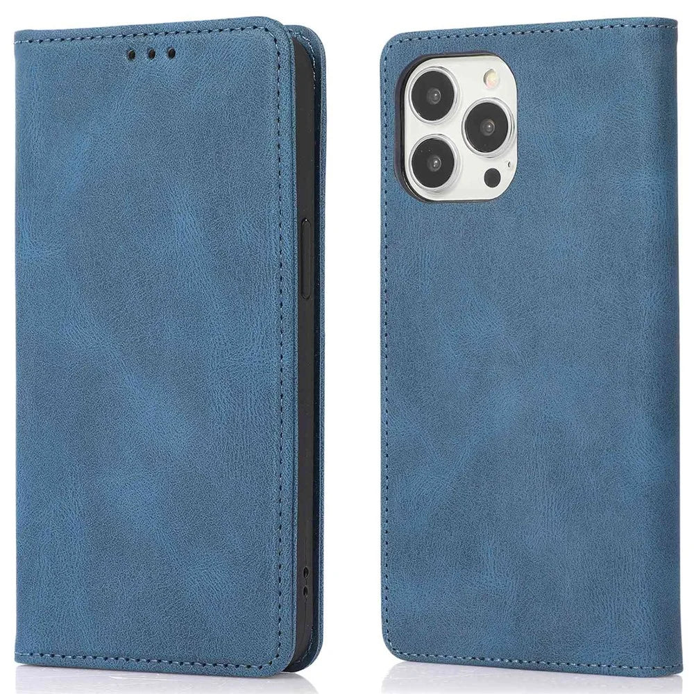 For iPhone 14 Pro Max 6.7 inch PU Leather Phone Drop-proof Case Magnetic Adsorption Flip Stand Wallet Shell - Blue - 1