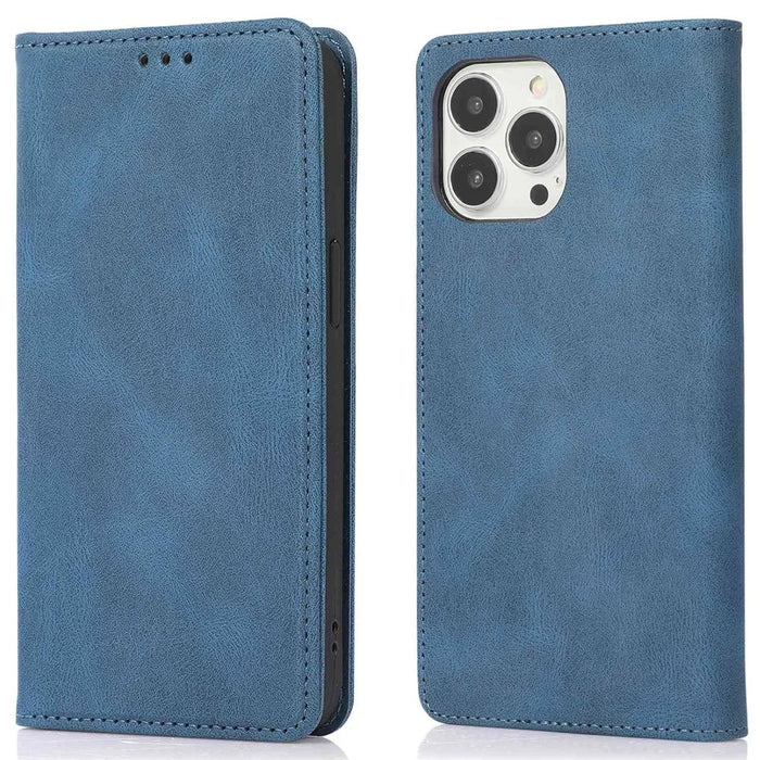 For iPhone 14 Pro Max 6.7 inch PU Leather Phone Drop-proof Case Magnetic Adsorption Flip Stand Wallet Shell - Blue - 1