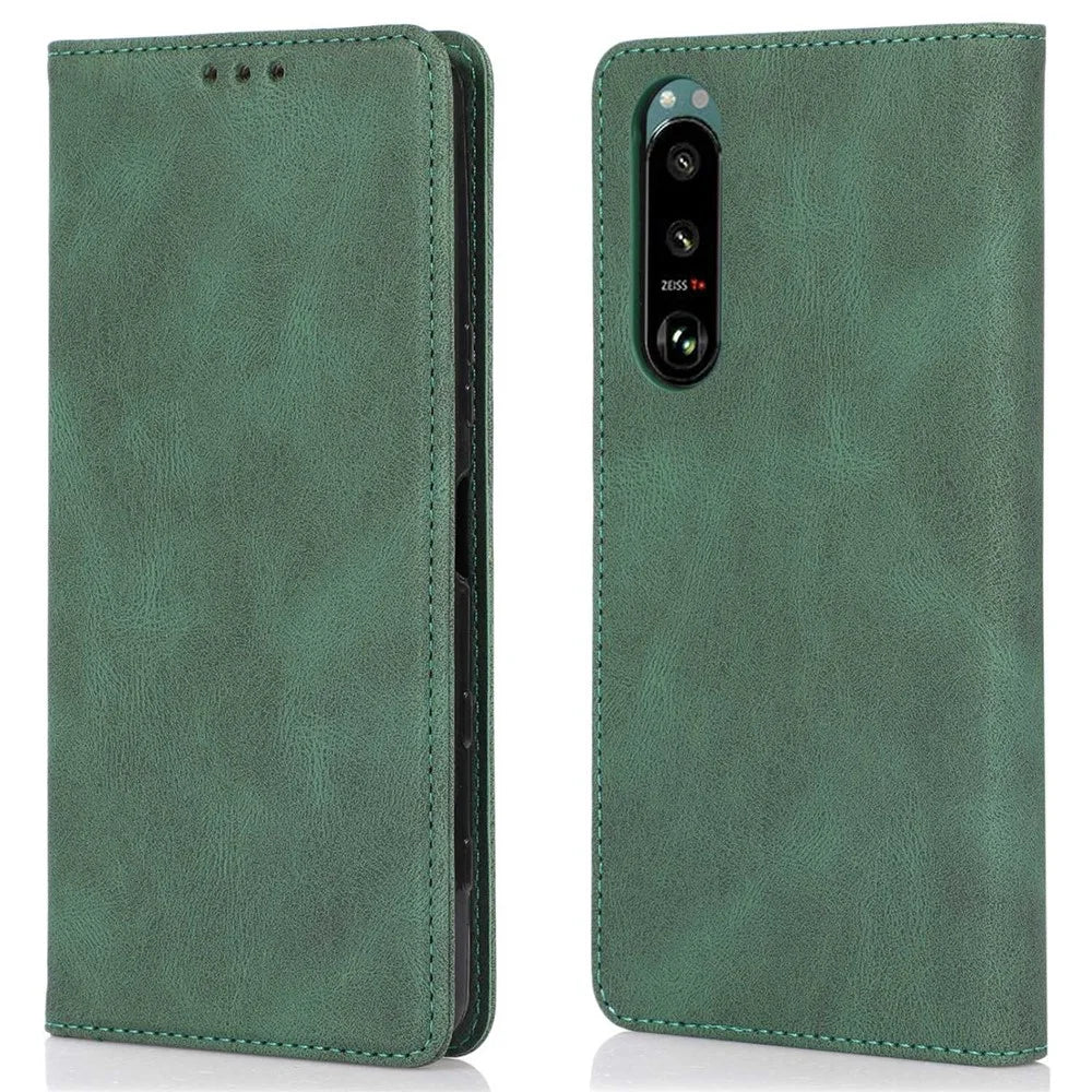 For Sony Xperia 5 III 5G Shockproof Case PU Leather Wallet Phone Shell Magnetic Closure Stand Cover - Green - 1