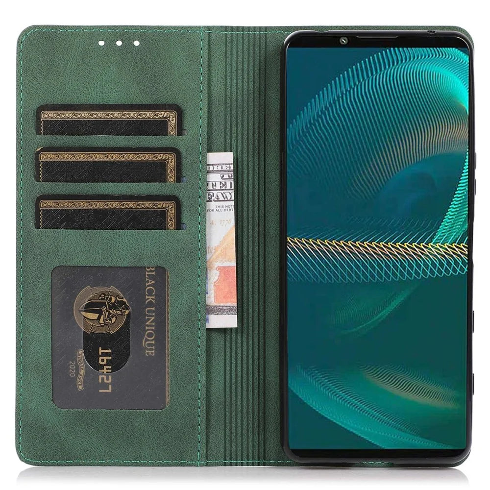 For Sony Xperia 5 III 5G Shockproof Case PU Leather Wallet Phone Shell Magnetic Closure Stand Cover - Green - 2