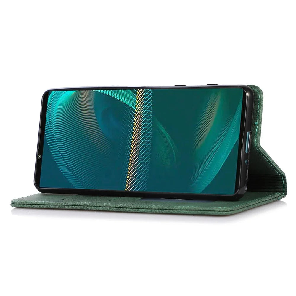 For Sony Xperia 5 III 5G Shockproof Case PU Leather Wallet Phone Shell Magnetic Closure Stand Cover - Green - 3