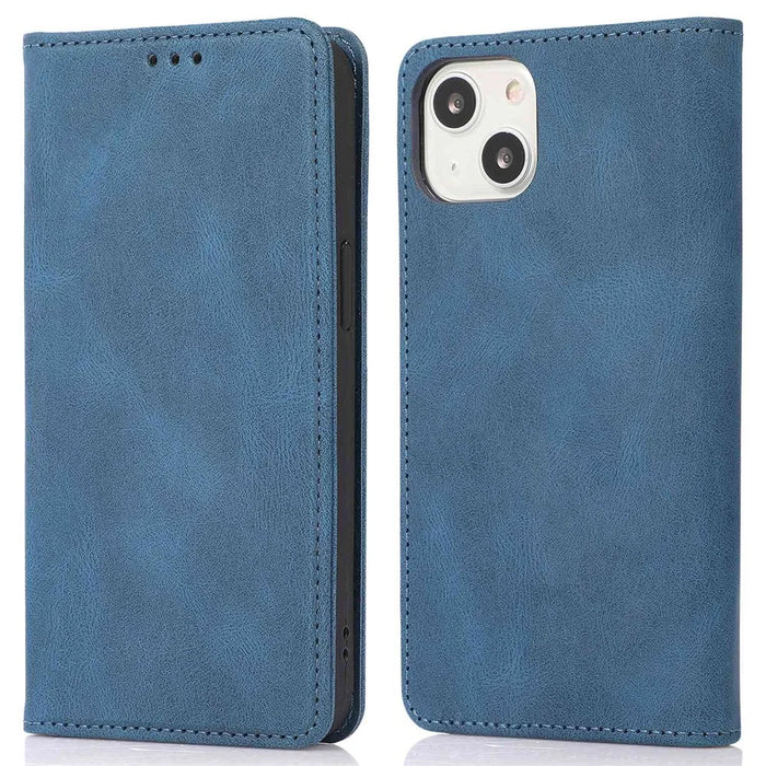 For iPhone 14 Plus Anti-Drop Phone Case Magnetic Closure PU Leather Cover Scratch Resistant Wallet Stand Shell - Blue - 1