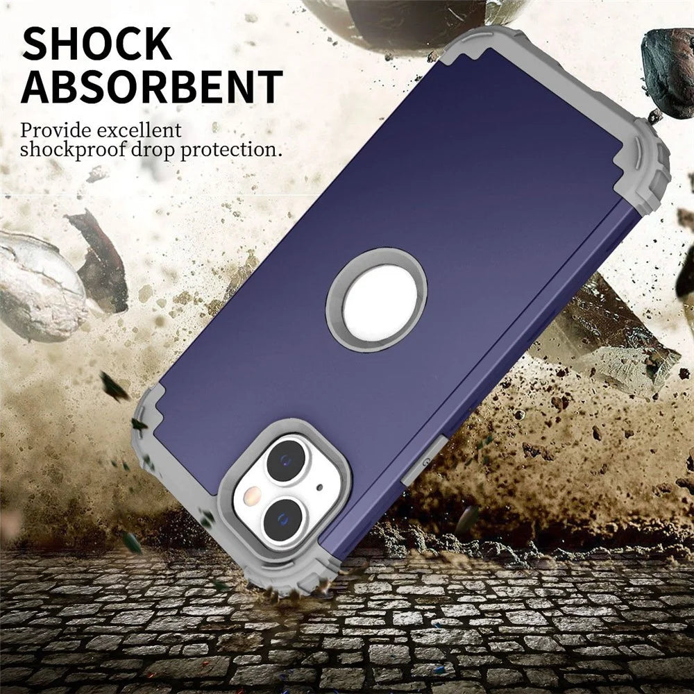 For iPhone 14 6.1 inch 3-in-1 Impact Resistant Silicone + PC Hybrid Cover Thicken Corners Design Mobile Phone Back Case - Navy Blue - 3