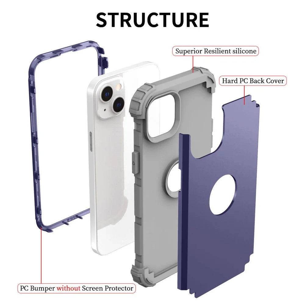 For iPhone 14 6.1 inch 3-in-1 Impact Resistant Silicone + PC Hybrid Cover Thicken Corners Design Mobile Phone Back Case - Navy Blue - 6