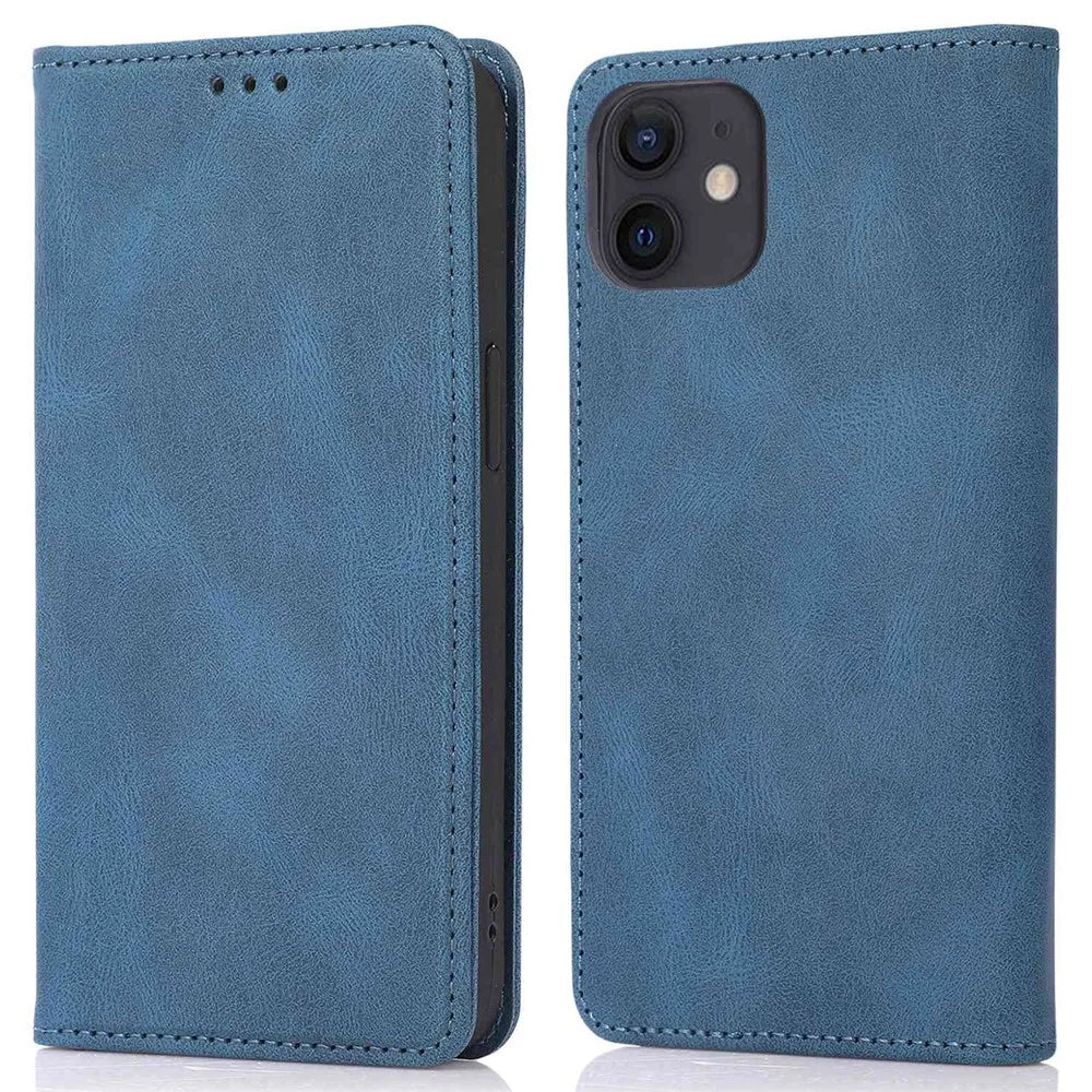 Anti-fingerprint PU Leather Cell Phone Case for iPhone 12 / 12 Pro 6.1 inch, Strong Magnetic Adsorption Flip Stand Wallet Phone Shell - Blue - 1