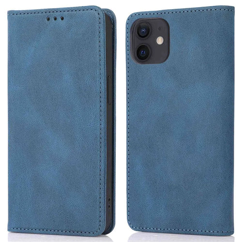 Anti-fingerprint PU Leather Cell Phone Case for iPhone 12 / 12 Pro 6.1 inch, Strong Magnetic Adsorption Flip Stand Wallet Phone Shell - Blue - 1