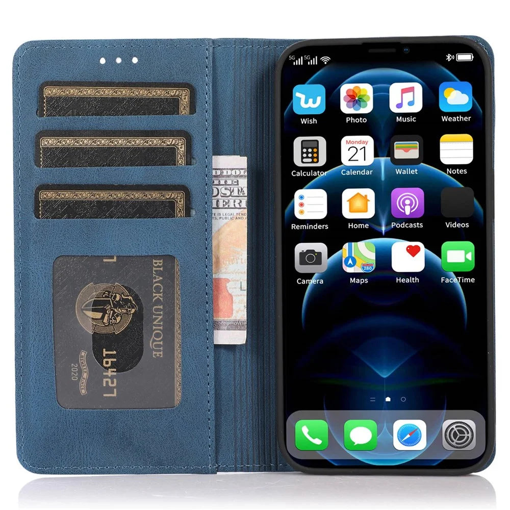 Anti-fingerprint PU Leather Cell Phone Case for iPhone 12 / 12 Pro 6.1 inch, Strong Magnetic Adsorption Flip Stand Wallet Phone Shell - Blue - 2