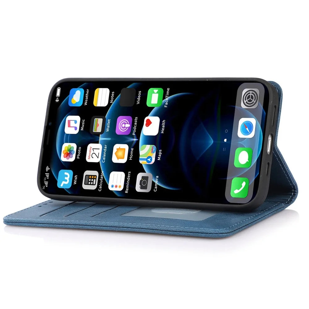 Anti-fingerprint PU Leather Cell Phone Case for iPhone 12 / 12 Pro 6.1 inch, Strong Magnetic Adsorption Flip Stand Wallet Phone Shell - Blue - 3
