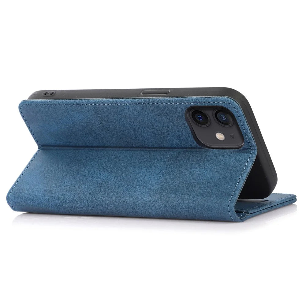Anti-fingerprint PU Leather Cell Phone Case for iPhone 12 / 12 Pro 6.1 inch, Strong Magnetic Adsorption Flip Stand Wallet Phone Shell - Blue - 4