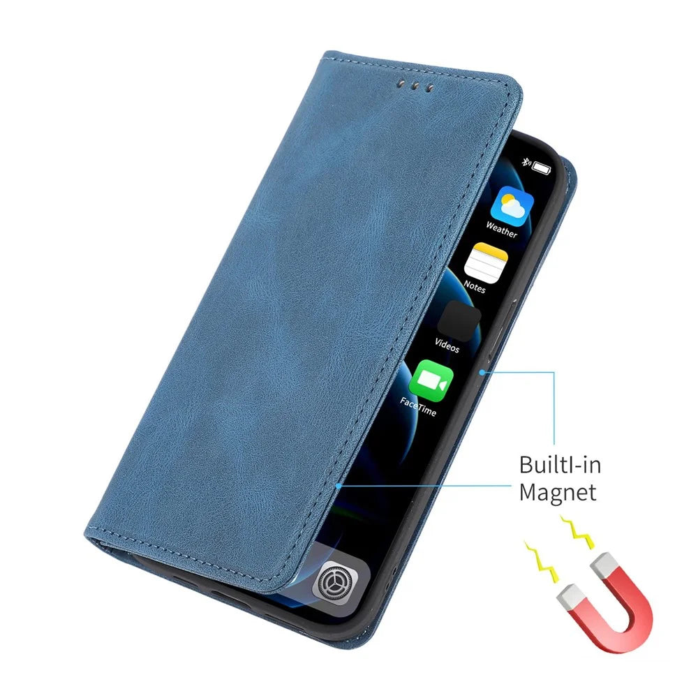 Anti-fingerprint PU Leather Cell Phone Case for iPhone 12 / 12 Pro 6.1 inch, Strong Magnetic Adsorption Flip Stand Wallet Phone Shell - Blue - 5