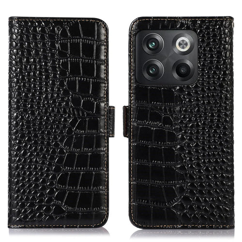 For OnePlus 10T 5G / Ace Pro 5G Anti-fall Crocodile Texture Case RFID Blocking Genuine Cowhide Leather Well-protected Wallet Phone Cover - Black - 1