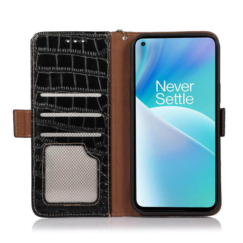 For OnePlus 10T 5G / Ace Pro 5G Anti-fall Crocodile Texture Case RFID Blocking Genuine Cowhide Leather Well-protected Wallet Phone Cover - Black - 3