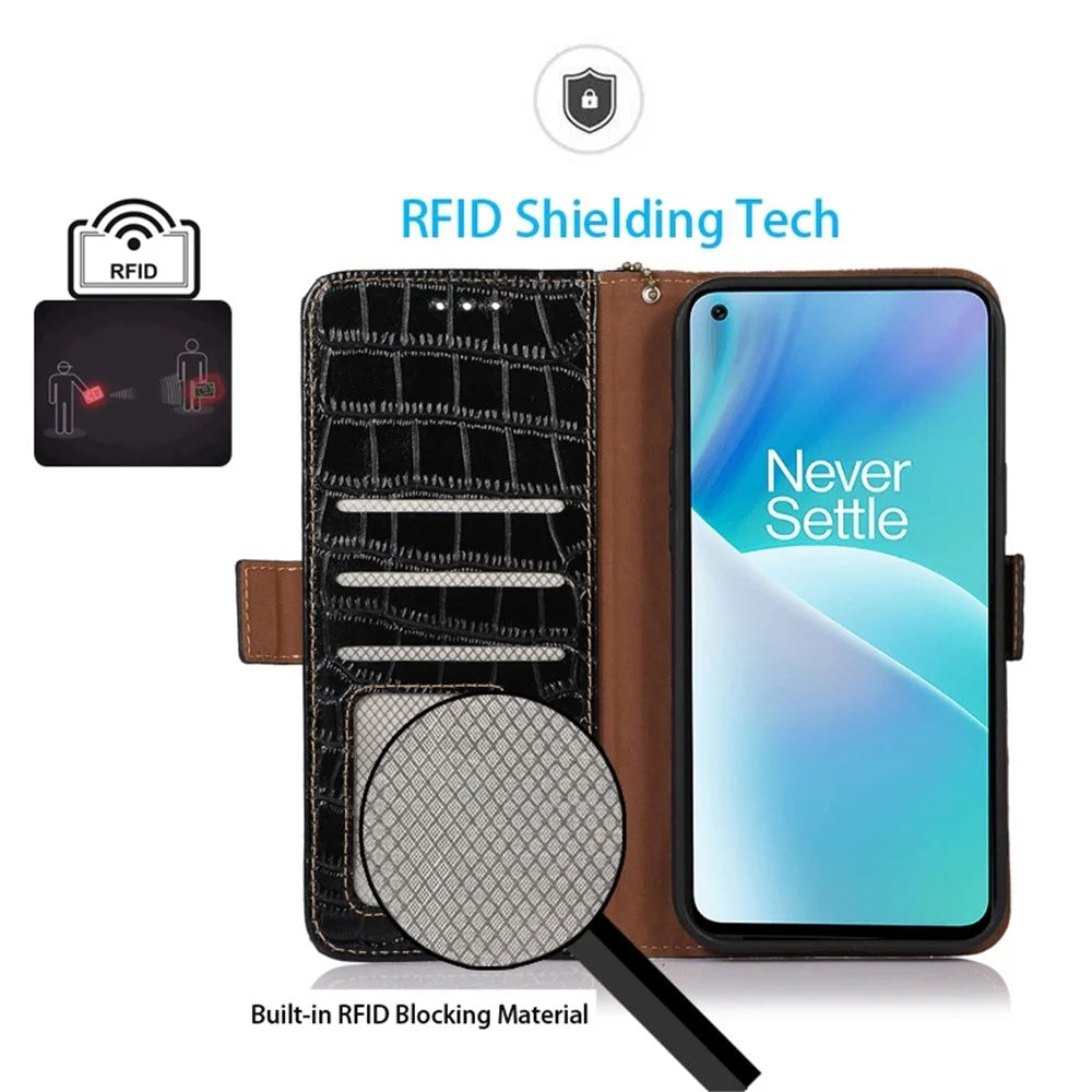 For OnePlus 10T 5G / Ace Pro 5G Anti-fall Crocodile Texture Case RFID Blocking Genuine Cowhide Leather Well-protected Wallet Phone Cover - Black - 4