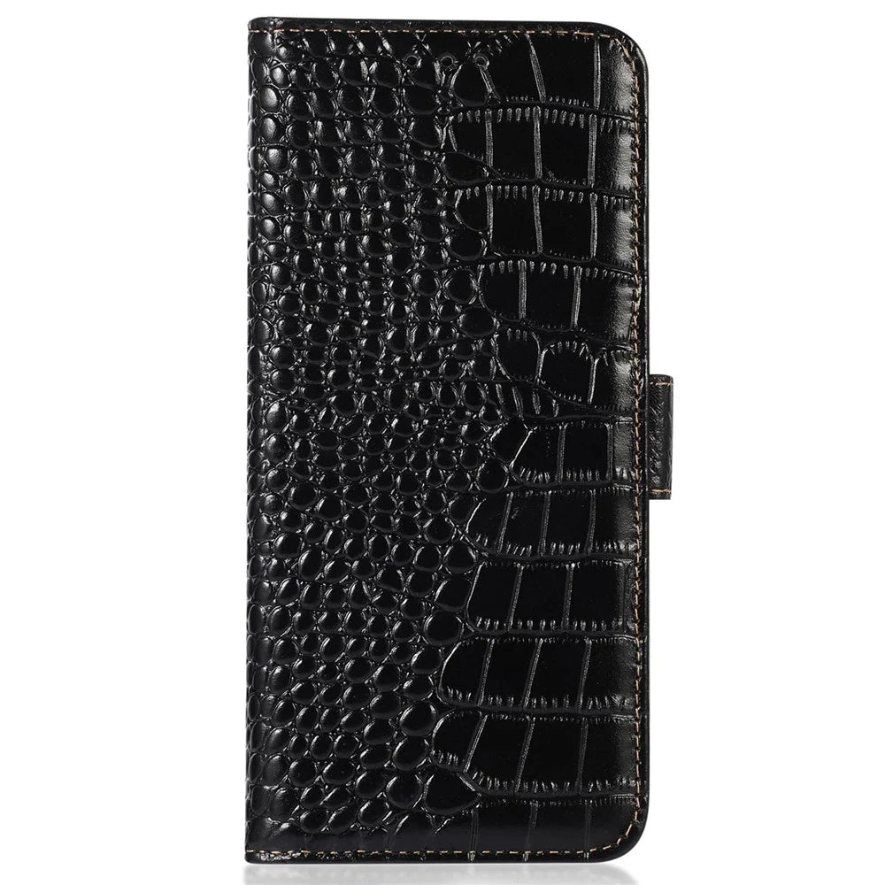 For OnePlus 10T 5G / Ace Pro 5G Anti-fall Crocodile Texture Case RFID Blocking Genuine Cowhide Leather Well-protected Wallet Phone Cover - Black - 7