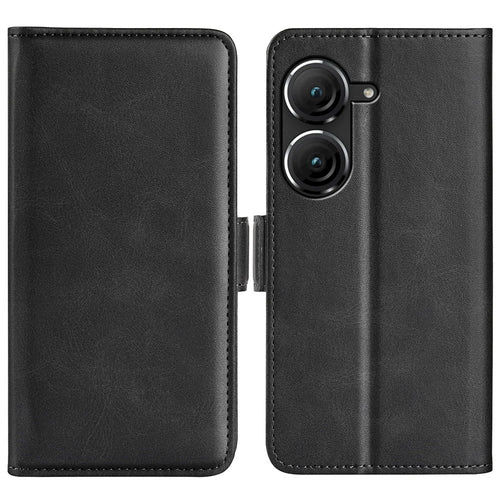 For Asus Zenfone 9 5G Magnetic Folio Flip Phone Case, Textured PU Leather Stand Wallet Feature Protective Cover - Black - 1