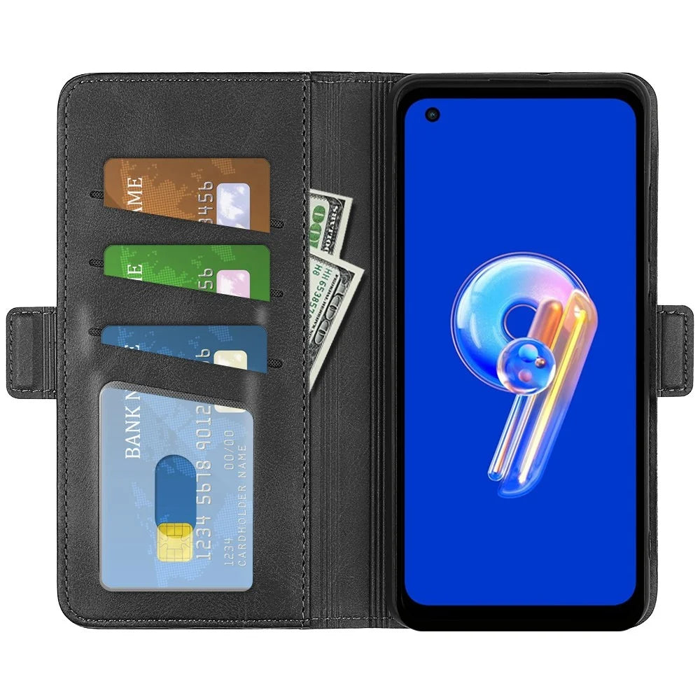 For Asus Zenfone 9 5G Magnetic Folio Flip Phone Case, Textured PU Leather Stand Wallet Feature Protective Cover - Black - 2