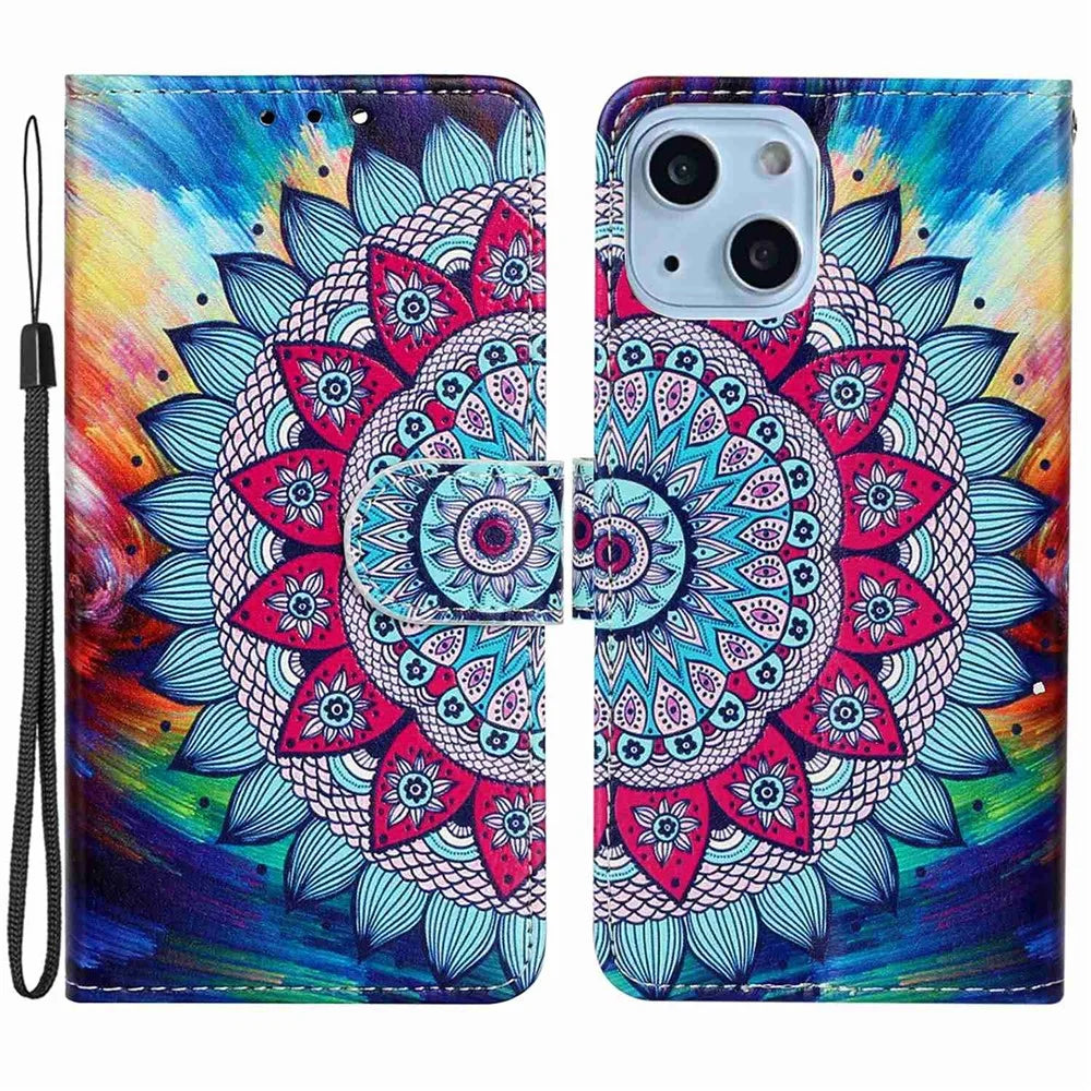 Pattern Embossed Phone Case for iPhone 14 6.1 inch, PU Leather TPU Wallet Stand Shockproof Cover with Hand Strap - Mandala Flower - 1