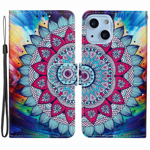 Pattern Embossed Phone Case for iPhone 14 6.1 inch, PU Leather TPU Wallet Stand Shockproof Cover with Hand Strap - Mandala Flower - 1