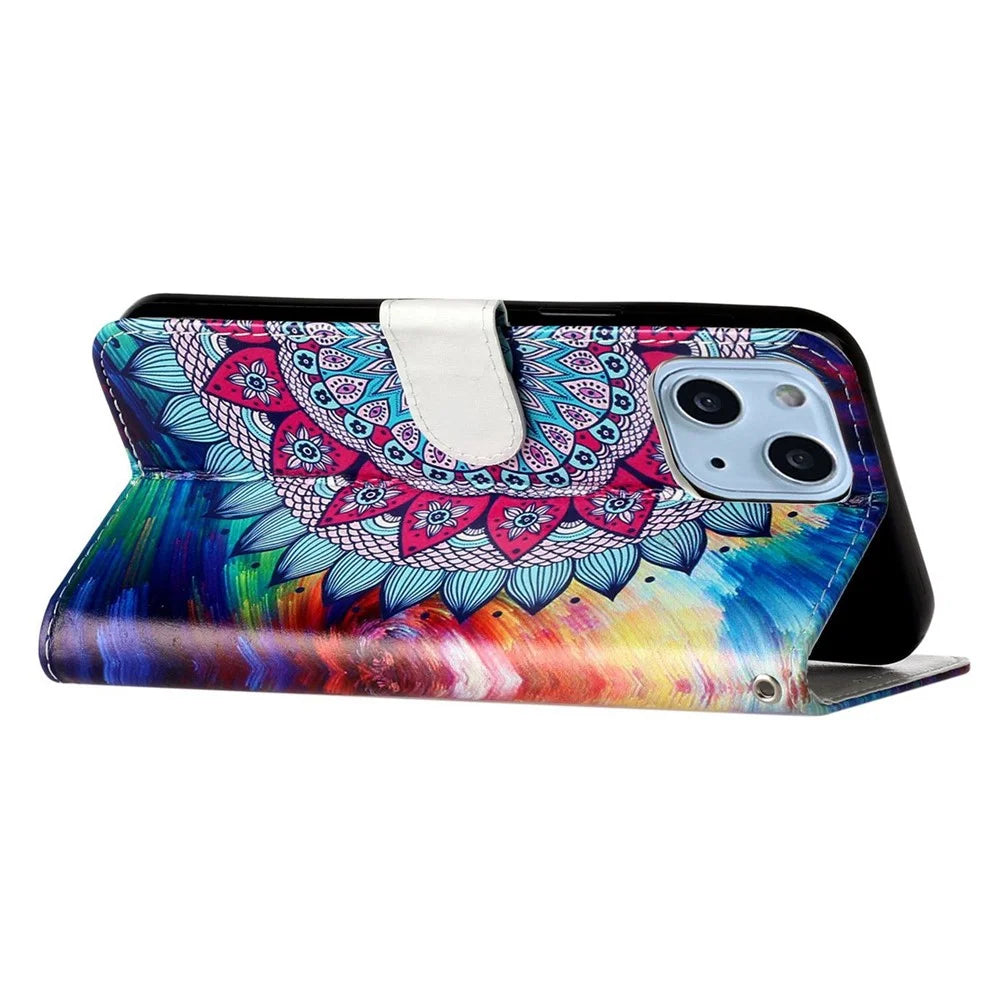 Pattern Embossed Phone Case for iPhone 14 6.1 inch, PU Leather TPU Wallet Stand Shockproof Cover with Hand Strap - Mandala Flower - 3