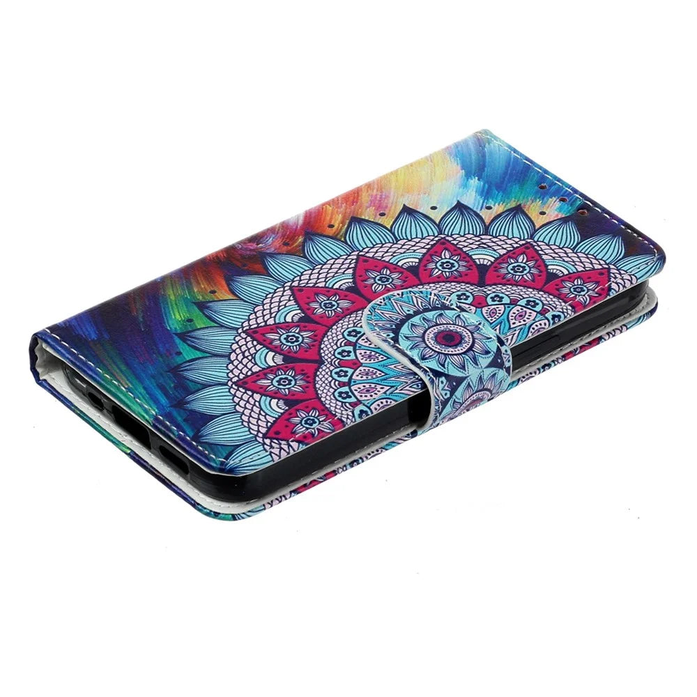 Pattern Embossed Phone Case for iPhone 14 6.1 inch, PU Leather TPU Wallet Stand Shockproof Cover with Hand Strap - Mandala Flower - 4