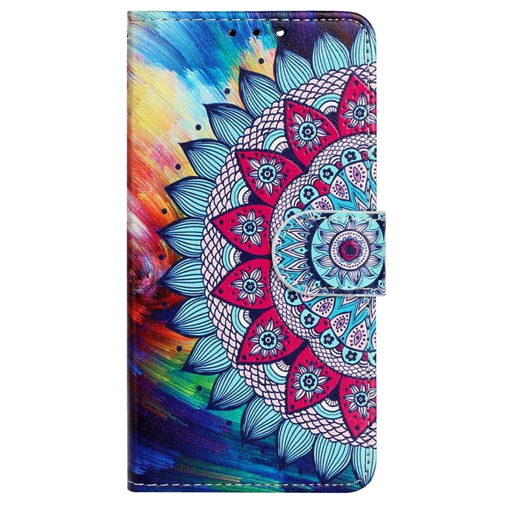 Pattern Embossed Phone Case for iPhone 14 6.1 inch, PU Leather TPU Wallet Stand Shockproof Cover with Hand Strap - Mandala Flower - 5