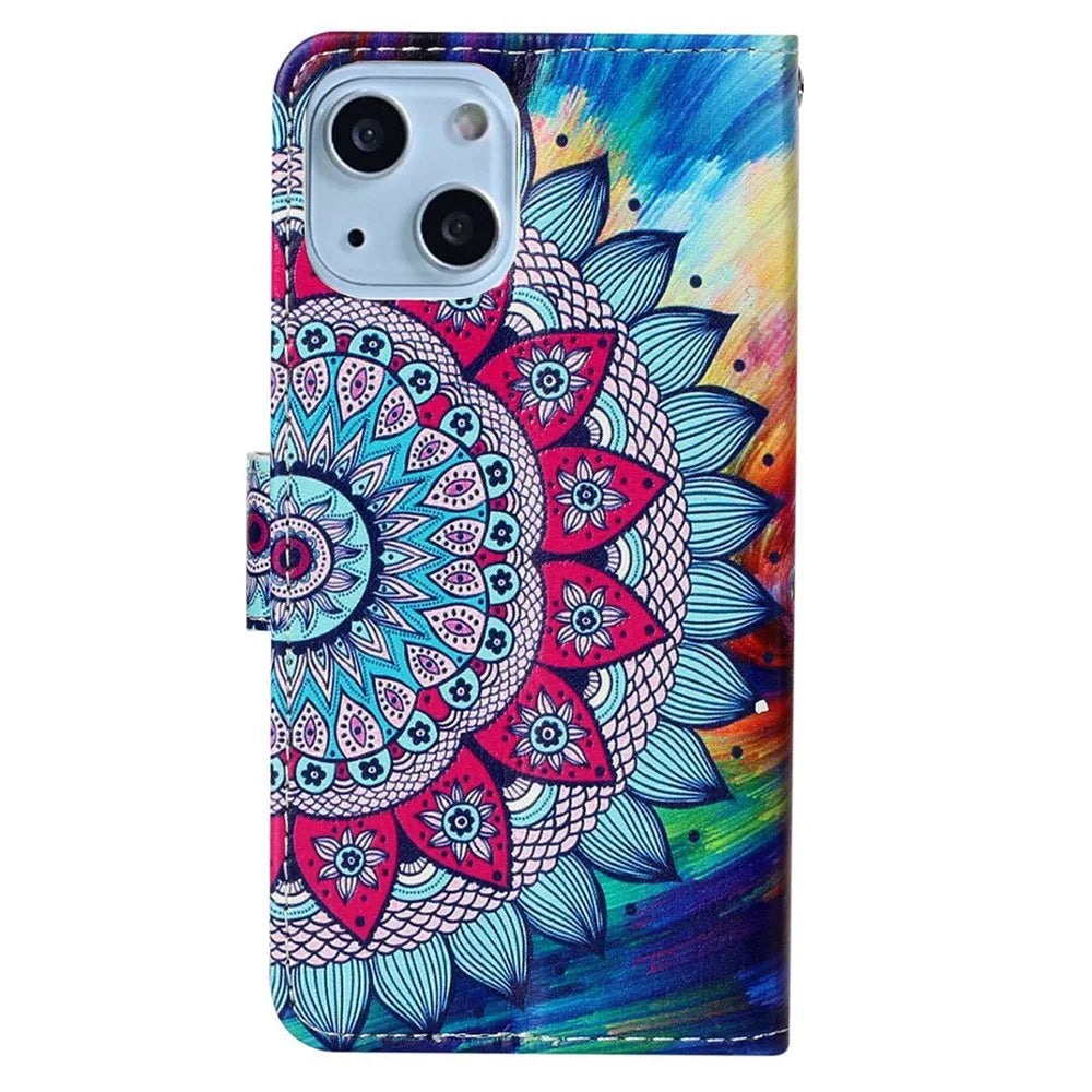 Pattern Embossed Phone Case for iPhone 14 6.1 inch, PU Leather TPU Wallet Stand Shockproof Cover with Hand Strap - Mandala Flower - 6