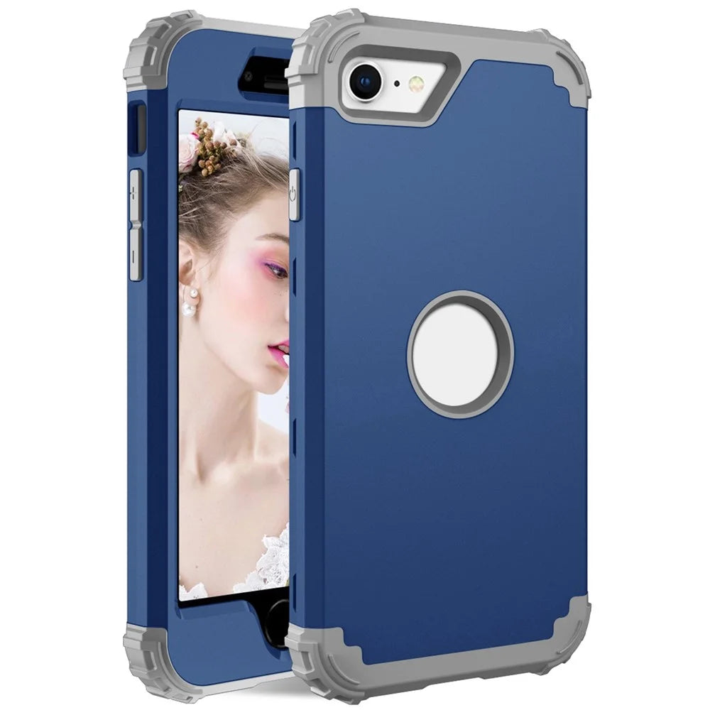 For iPhone 7 / 8 / SE (2020) / SE (2022) 3-in-1 Mobile Phone Case Fall Proof Silicone + PC Thickened Corner Hybrid Cover - Navy Blue - 1