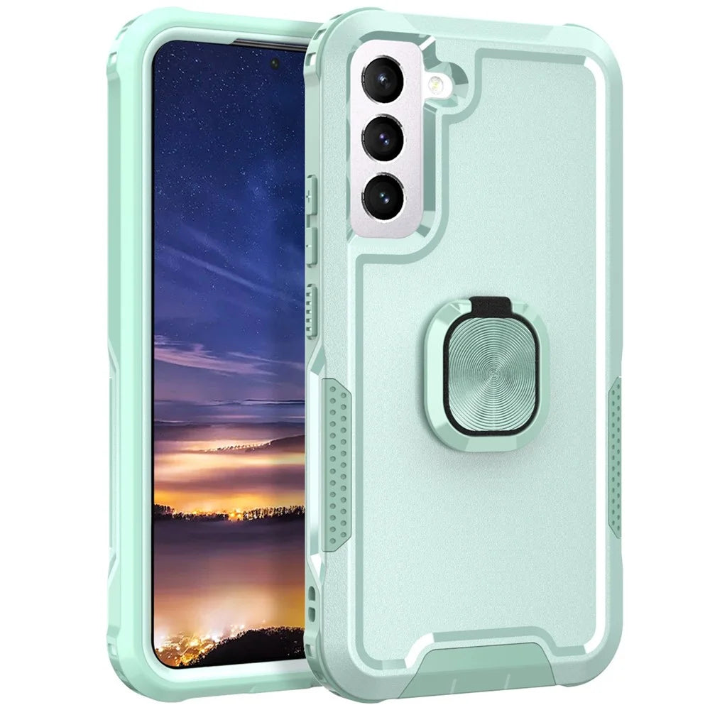 For Samsung Galaxy S22 5G PC + Silicone 3-in-1 Protective Case Rotatable Ring Kickstand Phone Drop-proof Cover - Green - 1
