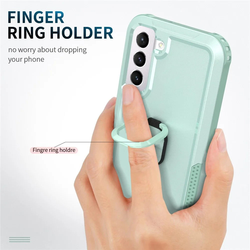 For Samsung Galaxy S22 5G PC + Silicone 3-in-1 Protective Case Rotatable Ring Kickstand Phone Drop-proof Cover - Green - 3