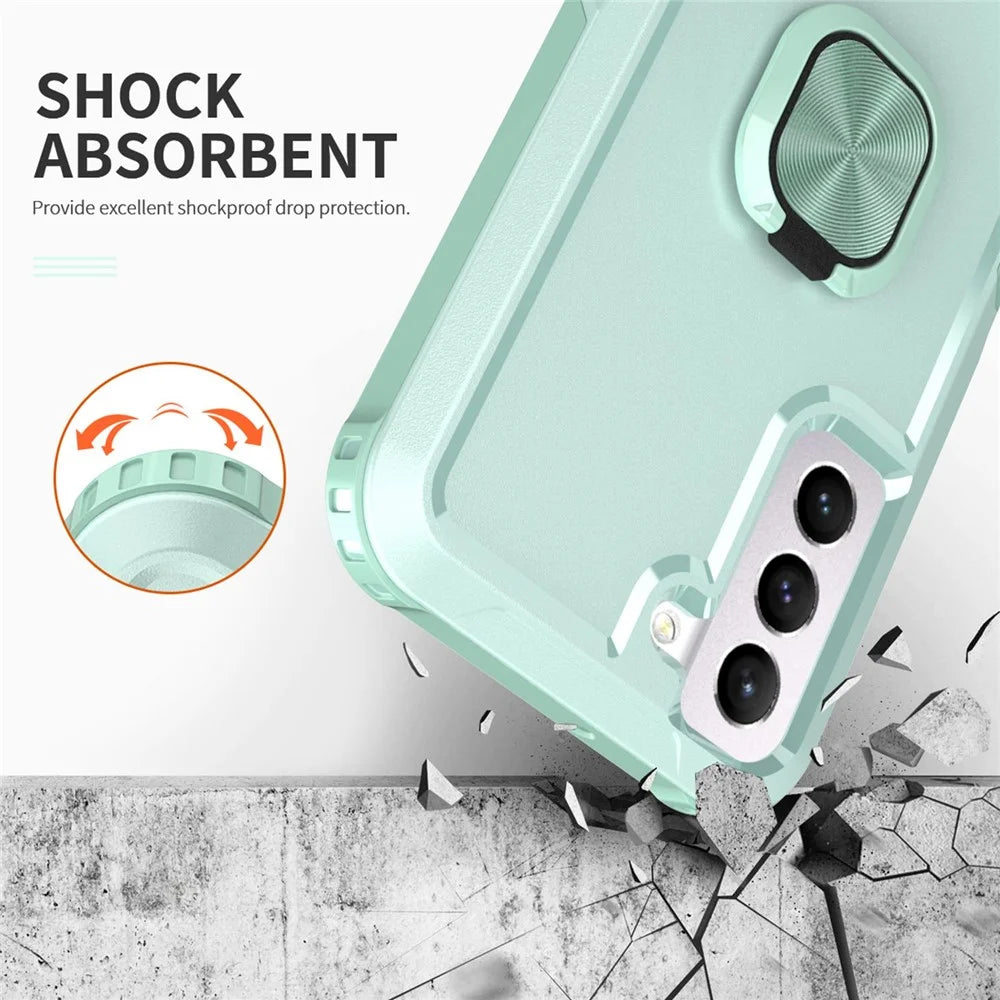 For Samsung Galaxy S22 5G PC + Silicone 3-in-1 Protective Case Rotatable Ring Kickstand Phone Drop-proof Cover - Green - 4
