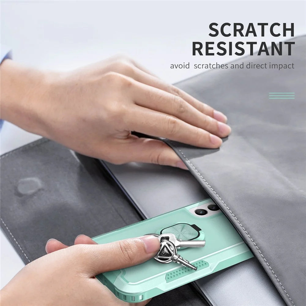 For Samsung Galaxy S22 5G PC + Silicone 3-in-1 Protective Case Rotatable Ring Kickstand Phone Drop-proof Cover - Green - 6