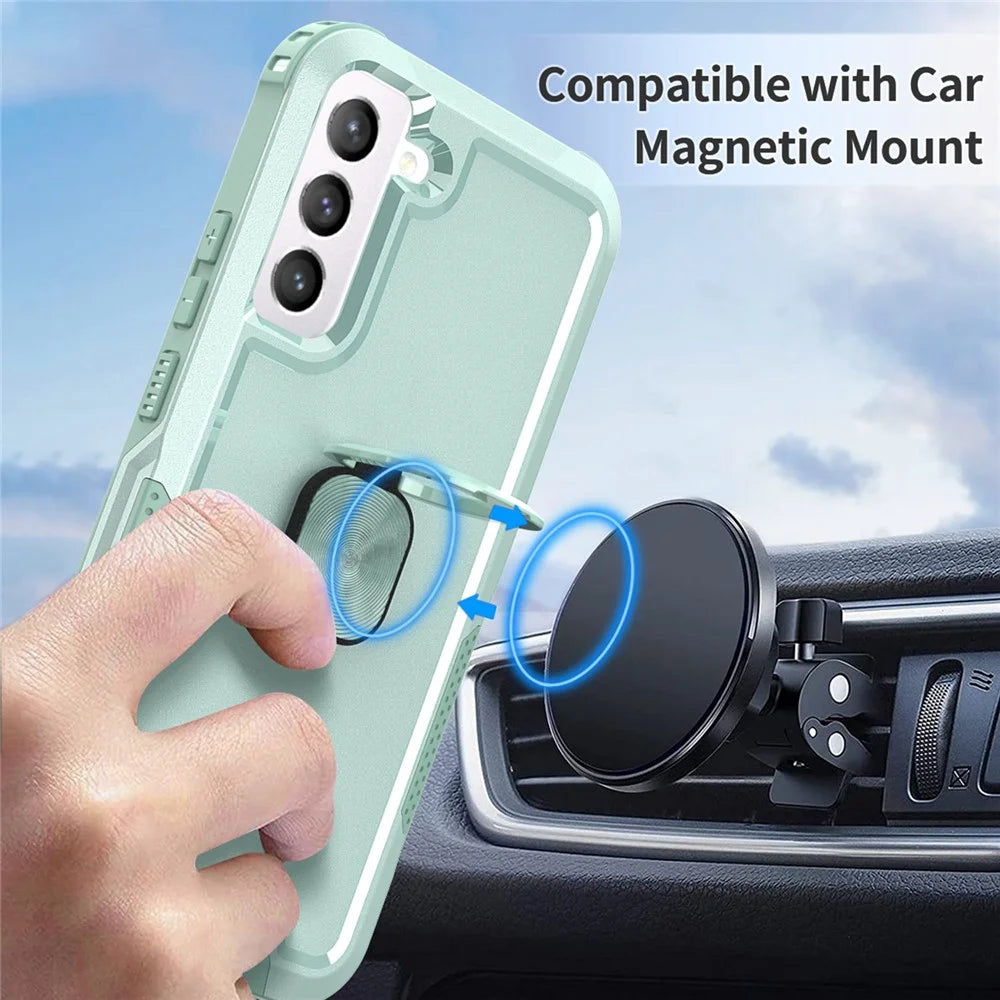 For Samsung Galaxy S22 5G PC + Silicone 3-in-1 Protective Case Rotatable Ring Kickstand Phone Drop-proof Cover - Green - 7