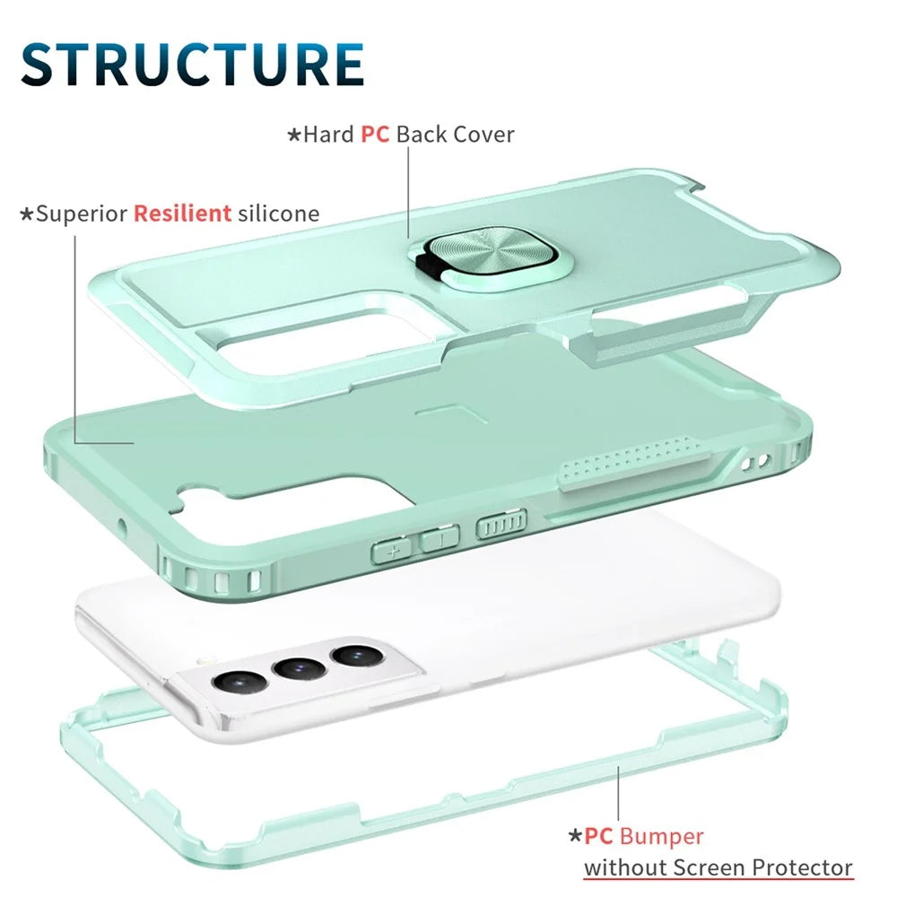 3-in-1 Anti-shock Phone Case For Samsung Galaxy S22+ 5G, Anti-scratch Kickstand Ring Holder Precise Cutouts Phone Back Cover - Green - 5
