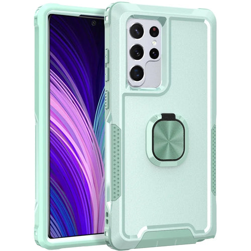 For Samsung Galaxy S22 Ultra 5G 3-in-1 Ring Holder Phone Case Kickstand Protective Phone Back Cover - Green - 1