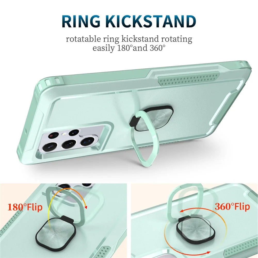 For Samsung Galaxy S22 Ultra 5G 3-in-1 Ring Holder Phone Case Kickstand Protective Phone Back Cover - Green - 2