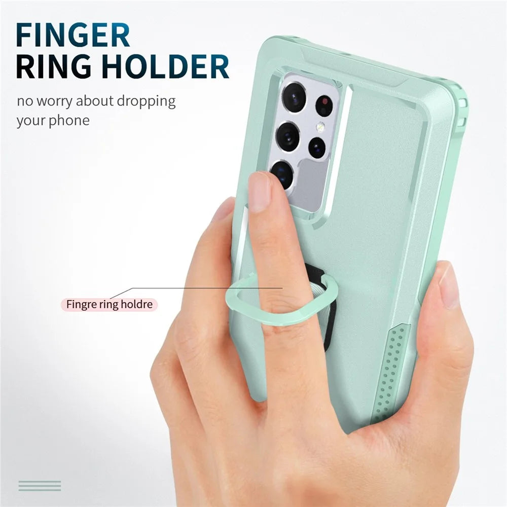 For Samsung Galaxy S22 Ultra 5G 3-in-1 Ring Holder Phone Case Kickstand Protective Phone Back Cover - Green - 3