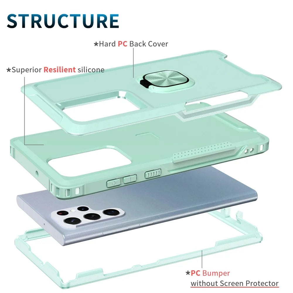 For Samsung Galaxy S22 Ultra 5G 3-in-1 Ring Holder Phone Case Kickstand Protective Phone Back Cover - Green - 5
