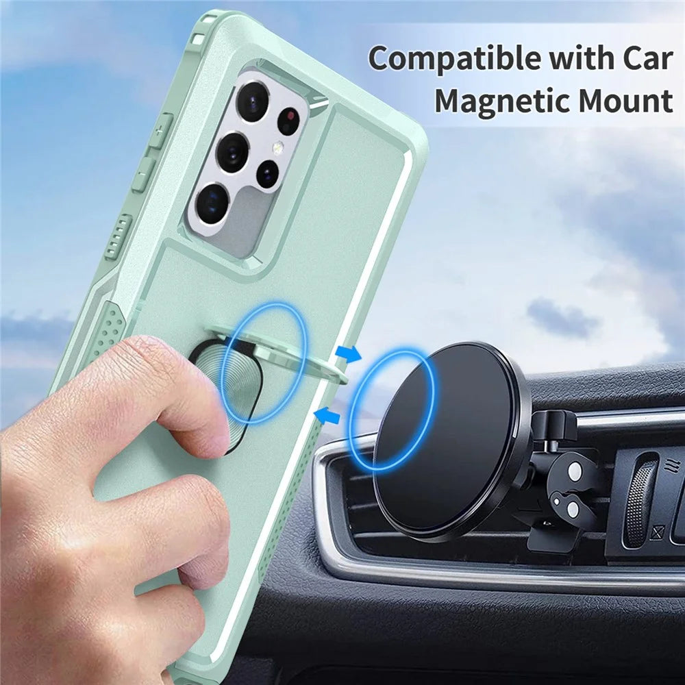 For Samsung Galaxy S22 Ultra 5G 3-in-1 Ring Holder Phone Case Kickstand Protective Phone Back Cover - Green - 7
