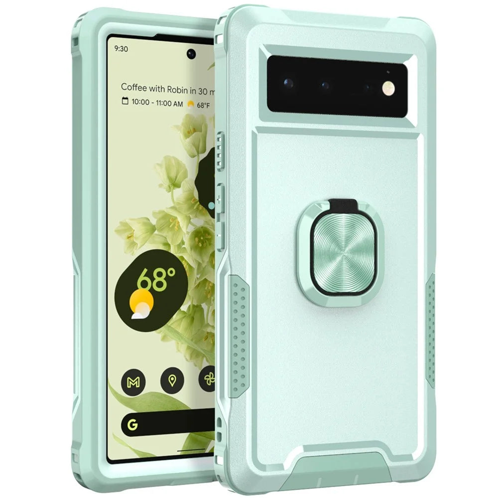 3-in-1 Drop-proof Phone Case For Google Pixel 6, Kickstand Ring Holder Precise Cutouts Phone Back Cover - Green - 1