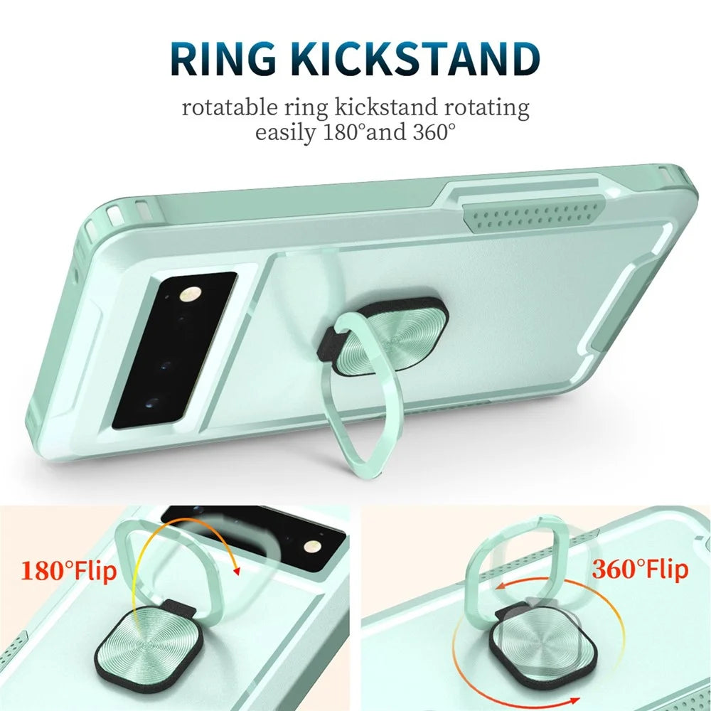 3-in-1 Drop-proof Phone Case For Google Pixel 6, Kickstand Ring Holder Precise Cutouts Phone Back Cover - Green - 2